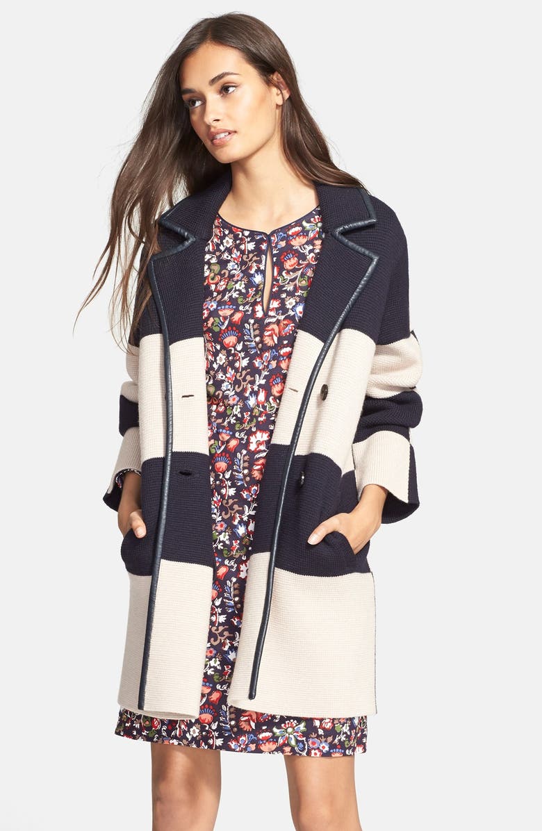 TORY BURCH Colorblock Heavyweight Merino Wool Coat, Main, color, NAVY/ OATMEAL STRIPE
