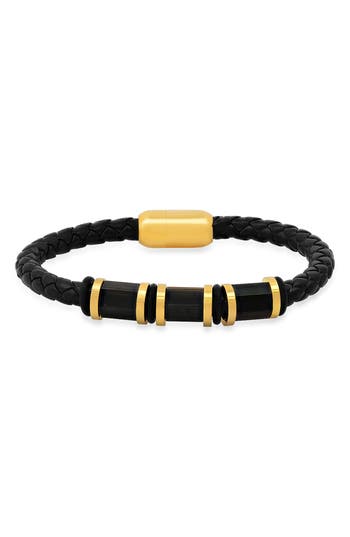 Shop Hmy Jewelry Mens' Two-tone Braided Leather Bracelet In Gold/black