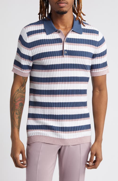 Texture Stitch Polo Sweater in Purple White Stripe