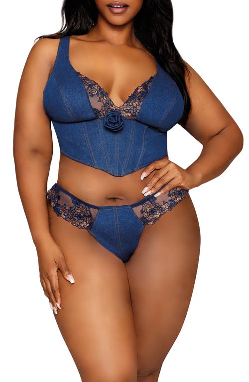 Dreamgirl Embroidered Trim Denim Bustier & Thong In Blue