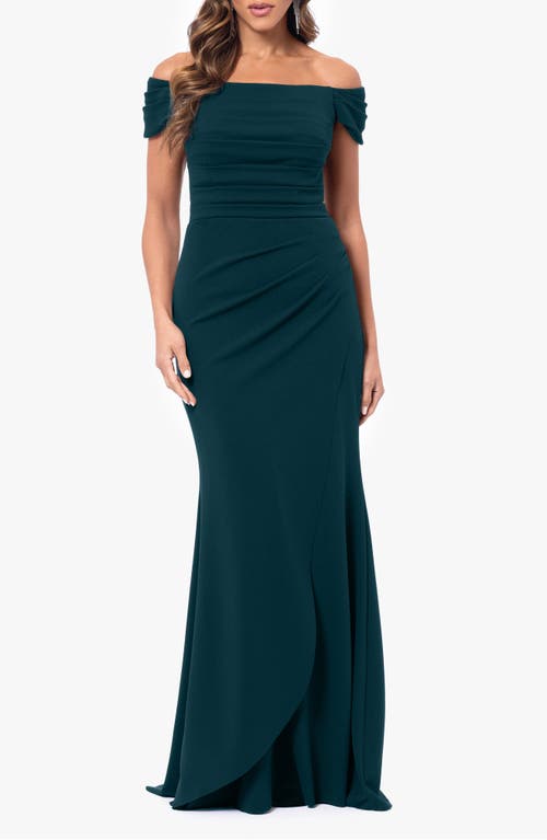 Shop Xscape Evenings Ruched Scuba Off The Shoulder Gown In Pine