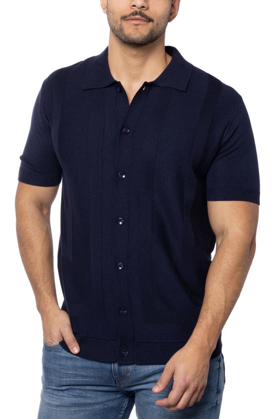 Spring + Mercer Textured Short Sleeve Button-up Sweater In Navy