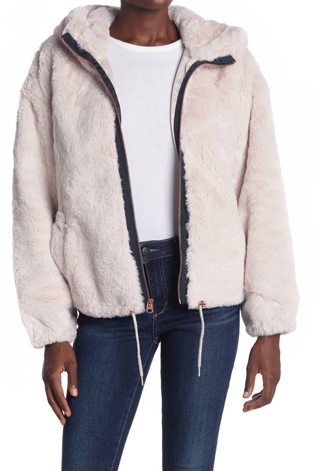 Lucky Brand Faux Fur Hooded Zip Jacket In Nude | ModeSens
