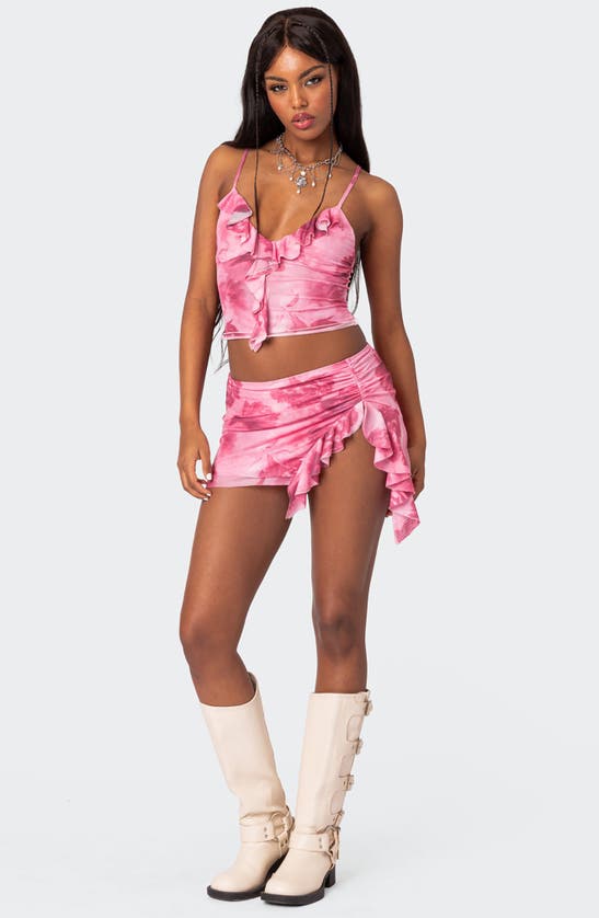 Shop Edikted Wanda Floral Ruffle Detail Mesh Miniskirt In Pink