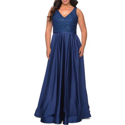 Plus Size La Femme Sequin Lace Bodice Gown, Blue
