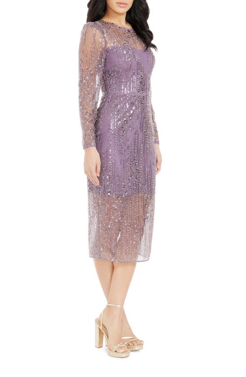 DRESS THE POPULATION DRESS THE POPULATION SOPHIA BEAD & SEQUIN LONG SLEEVE COCKTAIL MIDI DRESS