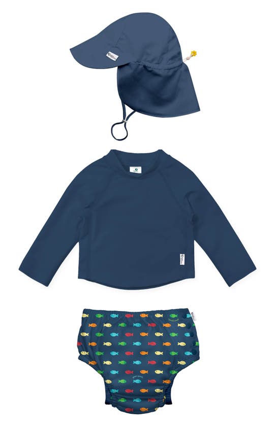 Green Sprouts Babies' Kids' Sun Hat, Long Sleeve Rashguard & Reusable Swim Diaper Set In Navy Fish Geo