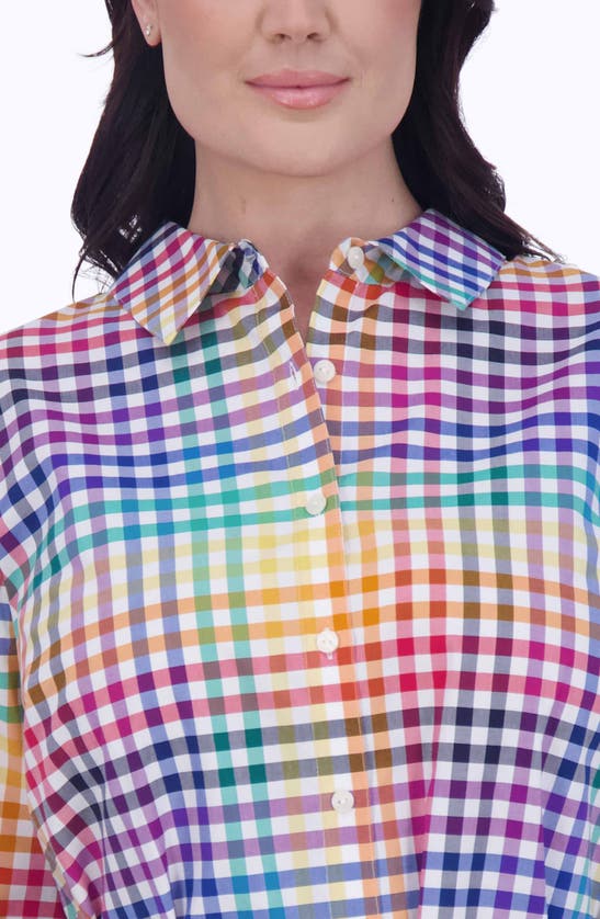 Shop Foxcroft Rocca Rainbow Gingham Belted Three-quarter Sleeve Cotton Shirtdress In Multi Plaid