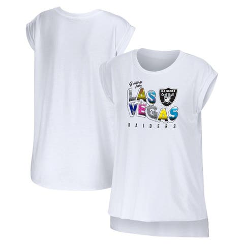 Women's WEAR by Erin Andrews White Carolina Panthers Greetings From Muscle  T-Shirt