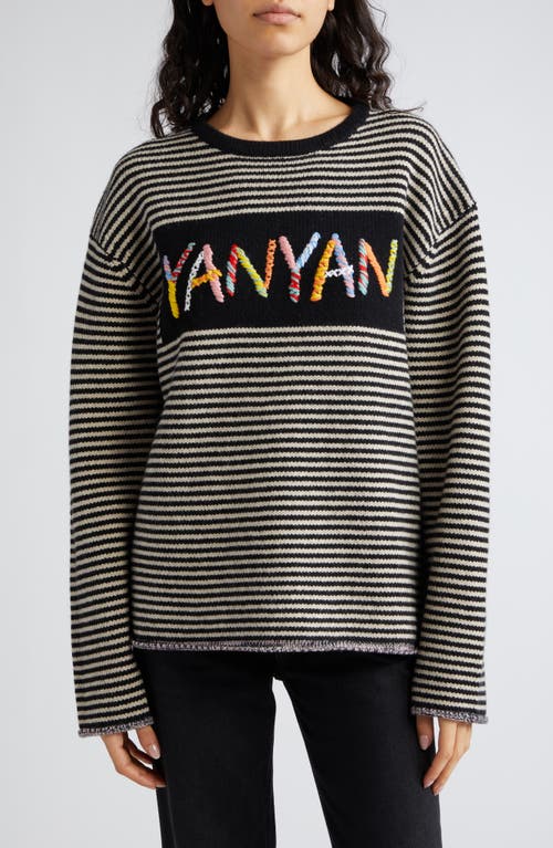 Embroidered Logo Stripe Wool Sweater in Black/Oatmeal