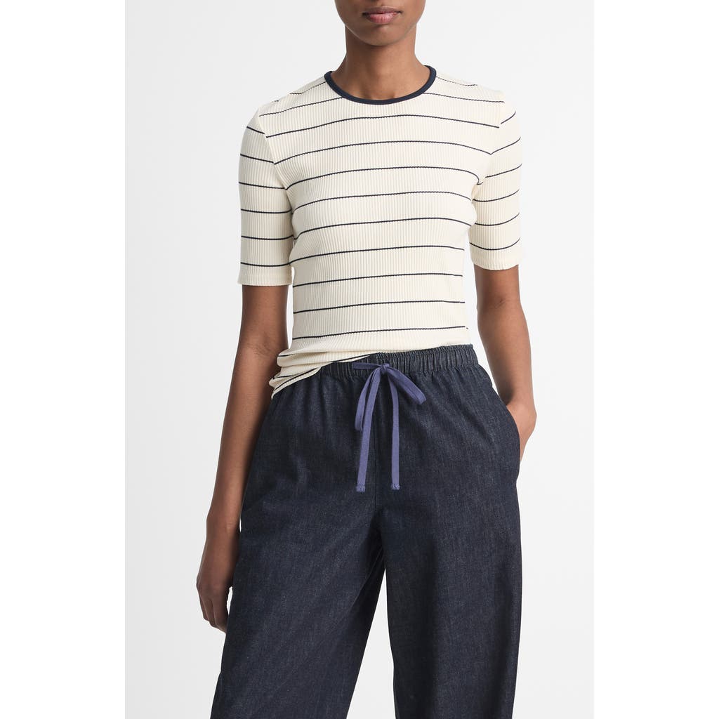 Shop Vince Stripe Short Sleeve Knit Top In Flaxen/deep Lake