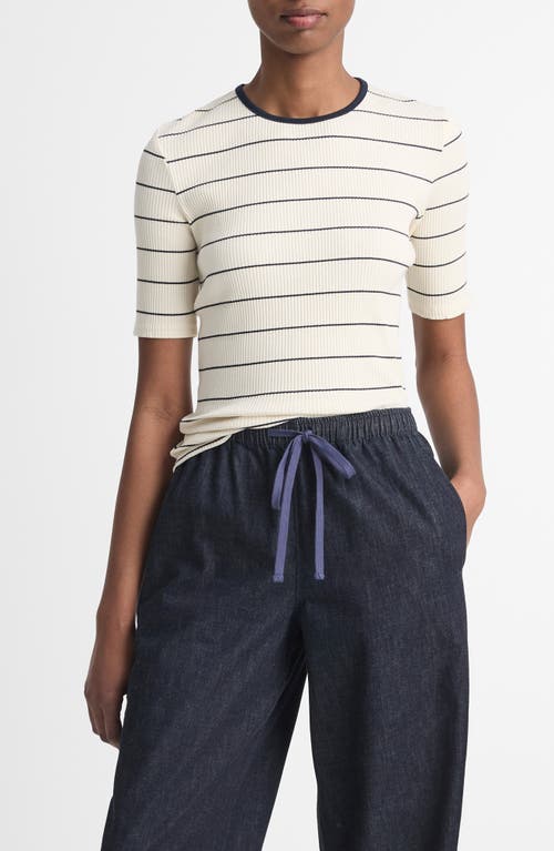 Shop Vince Stripe Short Sleeve Knit Top In Flaxen/deep Lake