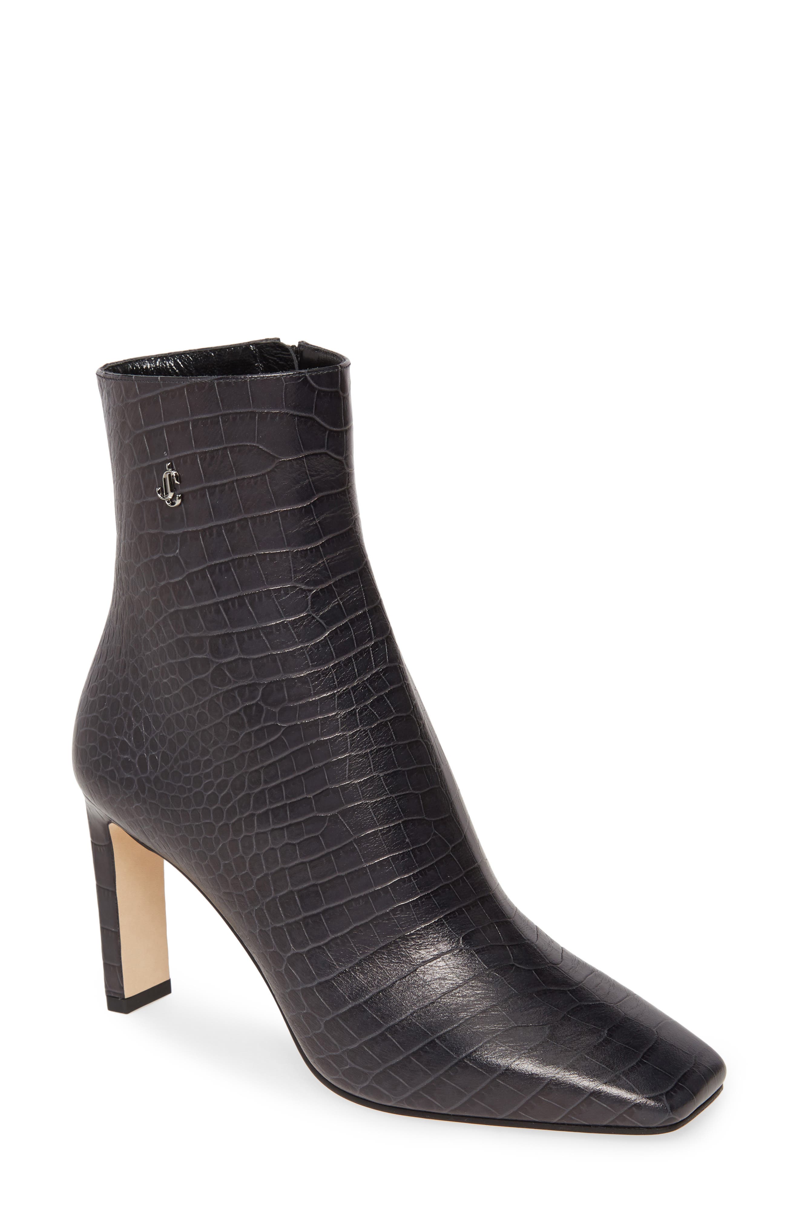 Jimmy Choo Minori Croc-Embossed Square Toe Bootie, Grey