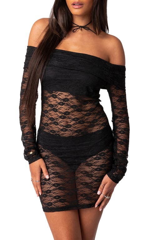 EDIKTED Haller Off the Shoulder Long Sleeve Sheer Lace Minidress Black at Nordstrom,