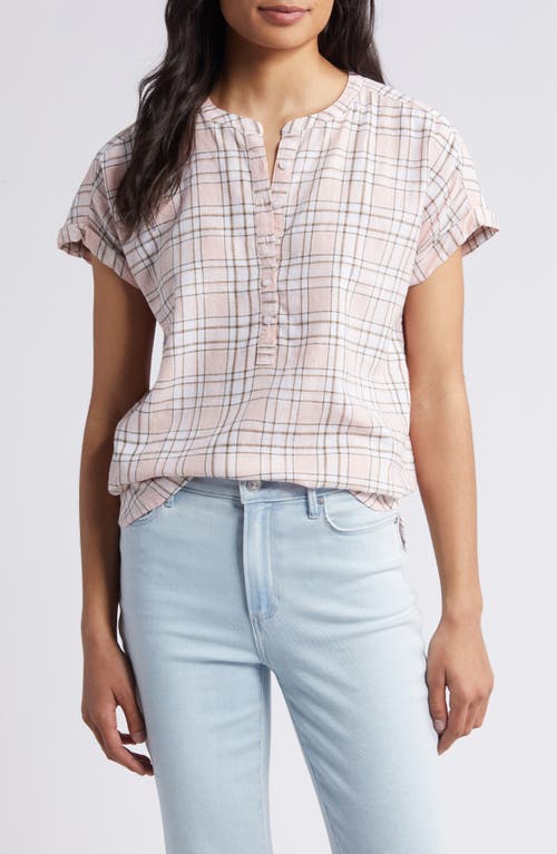 caslon(r) Short Sleeve Linen Popover Top in Pink Beach- Olive Sutton Plaid