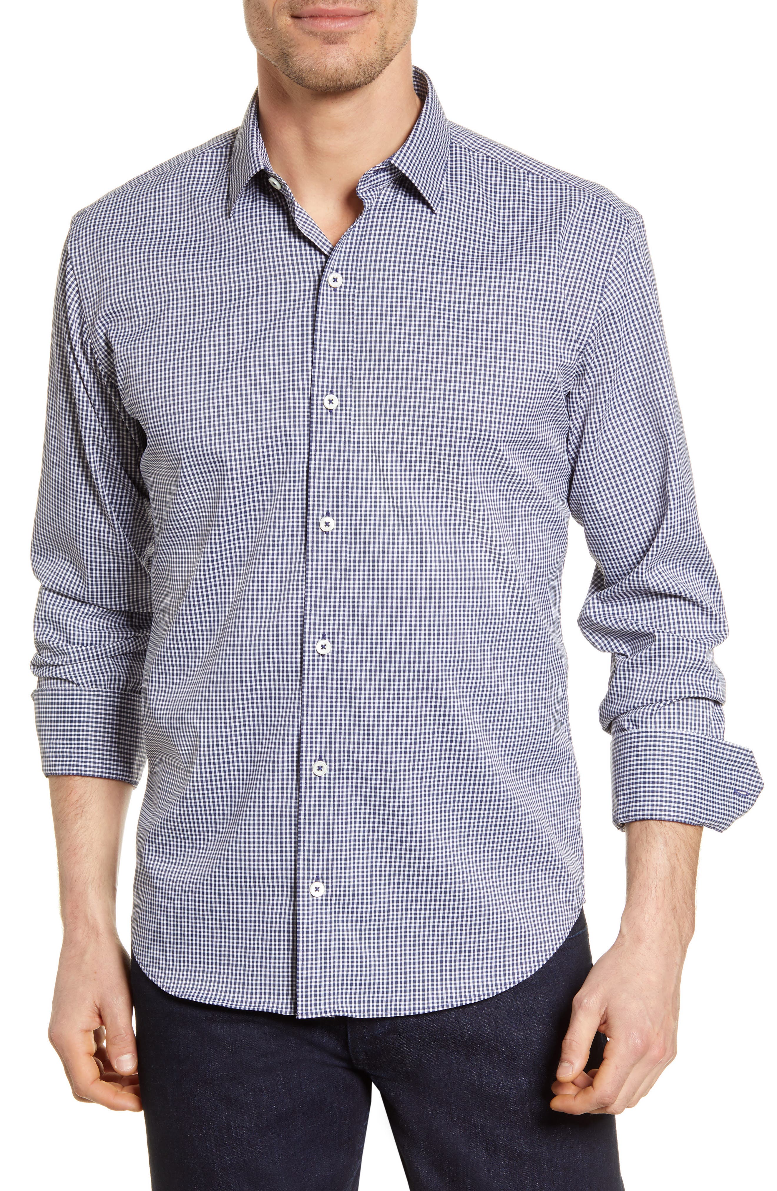 BUGATCHI SHAPED FIT CHECK BUTTON-UP PERFORMANCE SHIRT,192154982506