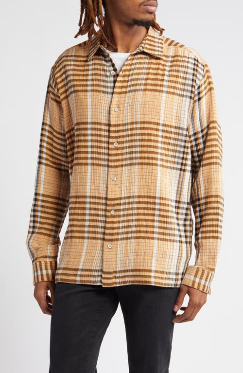 Topman Relaxed Fit Plaid Stretch Cotton Button-Up Shirt Brown Multi at Nordstrom,