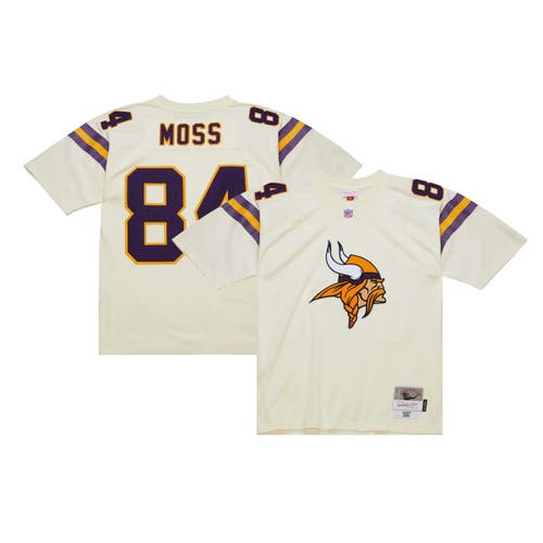 Men's Mitchell & Ness Randy Moss Cream Minnesota Vikings Chainstitch Legacy Jersey