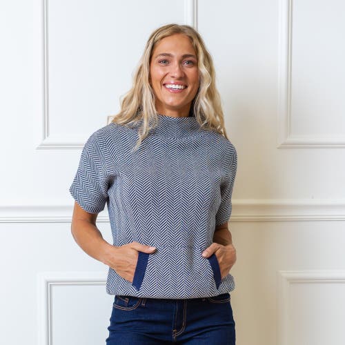 Hope & Henry Organic Mock Neck Sweater In Navy And White Herringbone