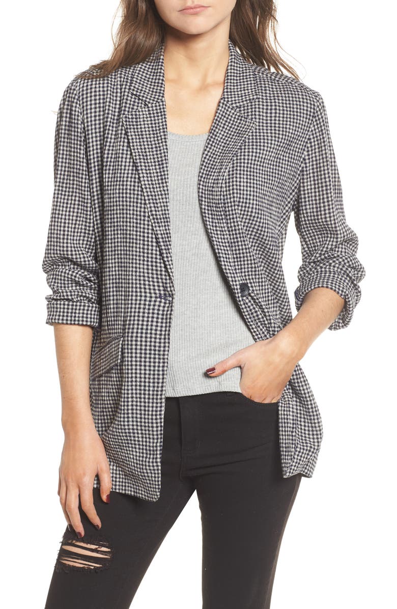 BP. Gingham Boyfriend Blazer, Main, color, BLACK JULIE GINGHAM