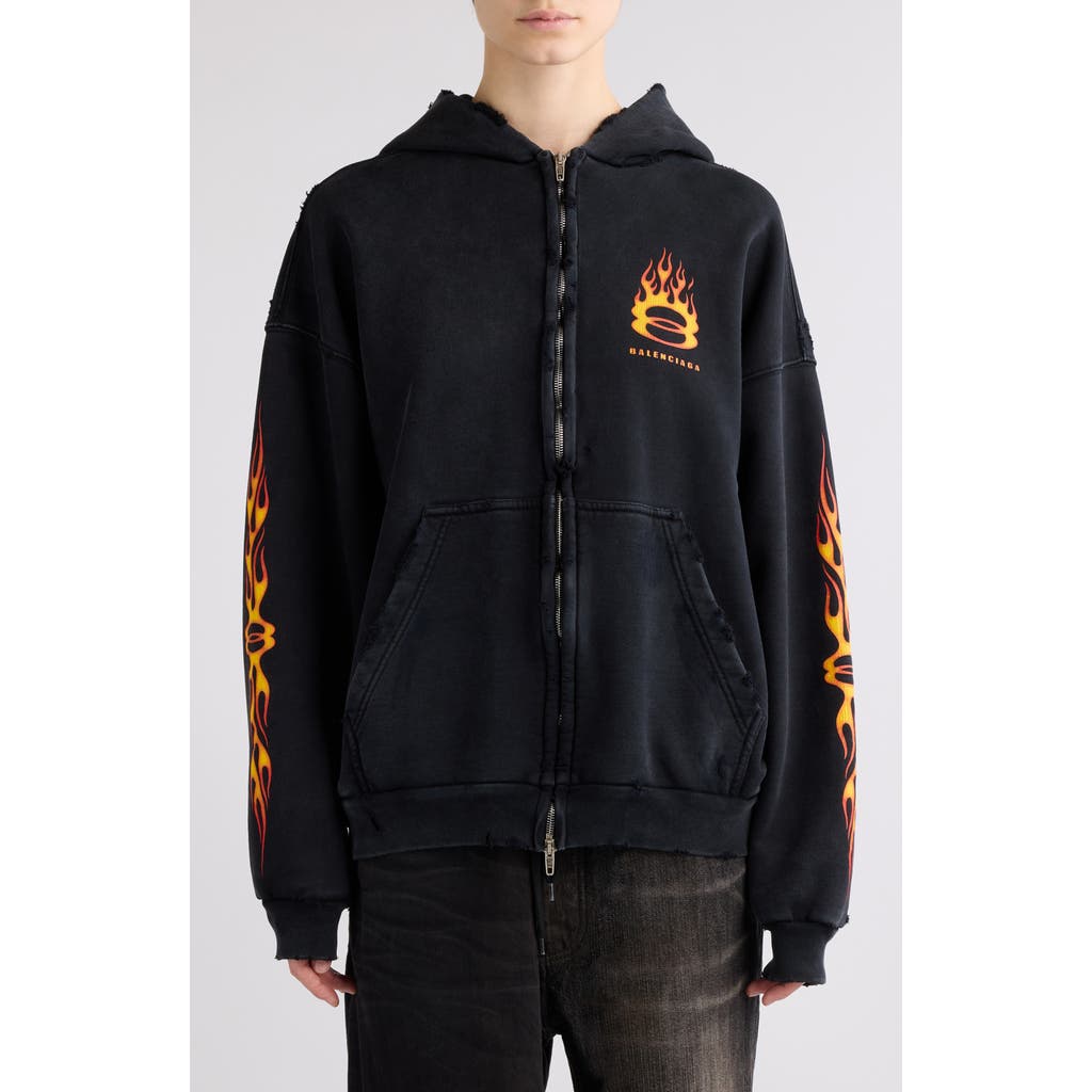 Balenciaga Zip-up Distressed Graphic Hoodie In Washed Out Black