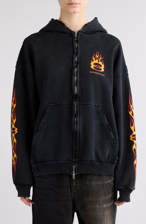 Balenciaga Zip-Up Distressed Graphic Hoodie Washed Out Black at Nordstrom,