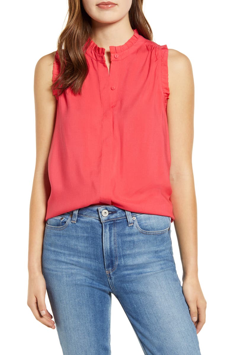 GIBSON x International Women's Day Living in Yellow Ruffle Trim Front Button Sleeveless Top, Main, color, BRIGHT CORAL