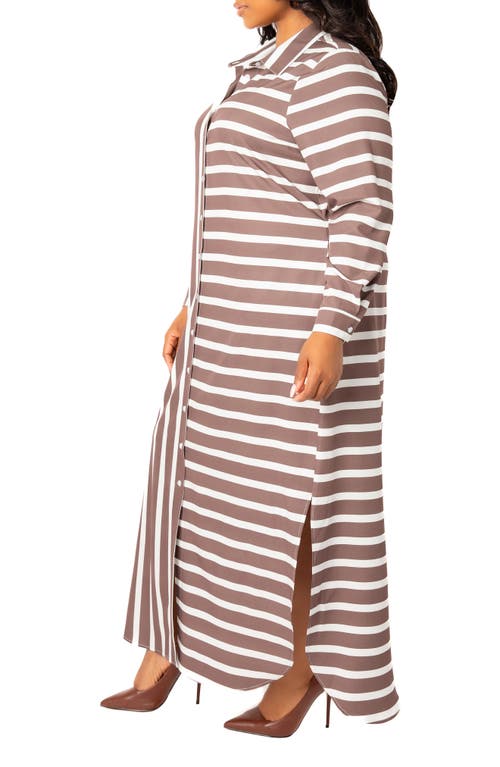 Buxom Couture Long Sleeve Button-up Maxi Shirtdress In Khaki