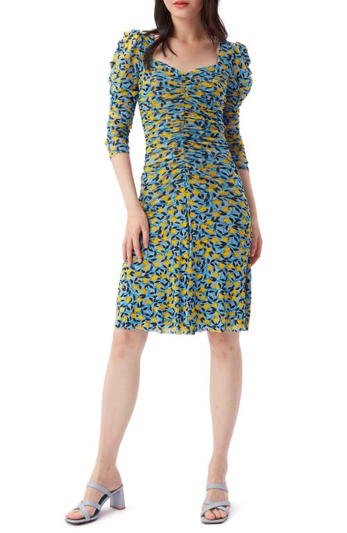 DVF Dacey Puff Sleeve Nectarine Print Dress in Nectarine Medium Sky Blue