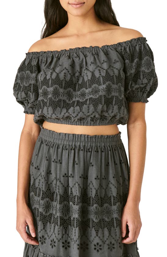 Lucky Brand Off The Shoulder Lace Crop Top In Washed Black