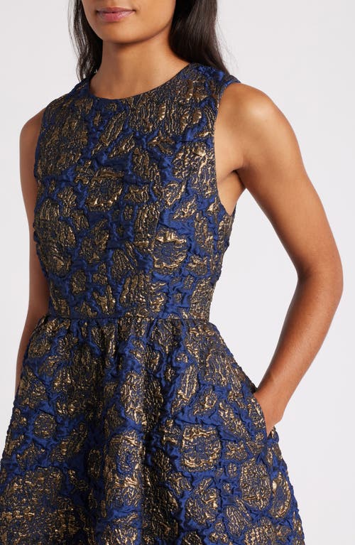 Chelsea28 Metallic Brocade Fit & Flare Cocktail Minidress In Navy- Gold Brocade