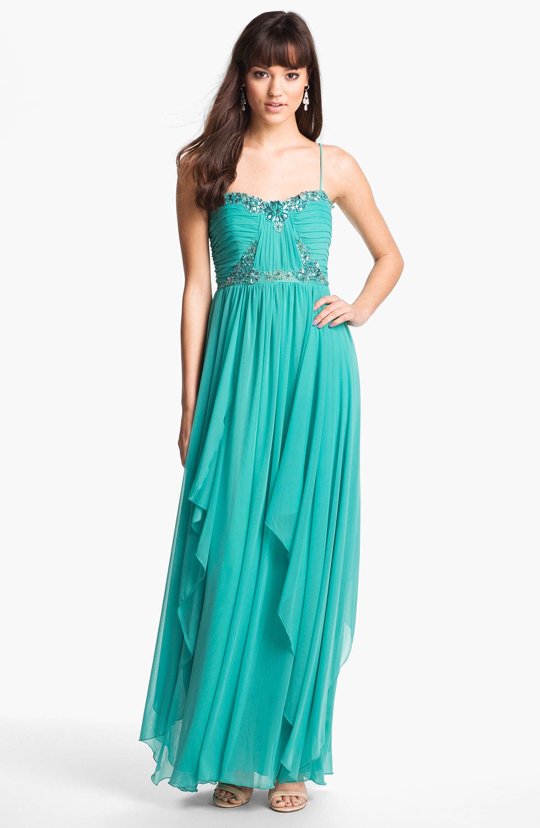 aqua embellished chiffon gown