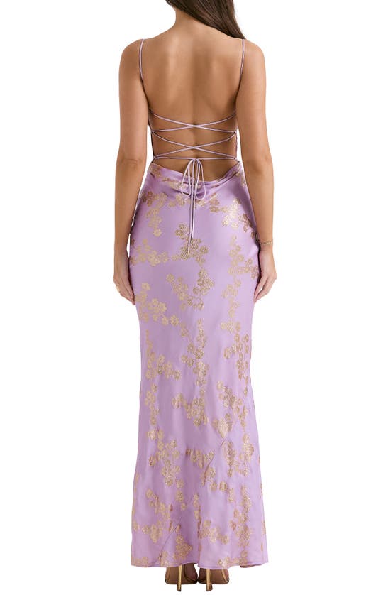 House Of Cb Capriana Metallic Sleeveless Lace Back Mermaid Gown In Orchid Bloom