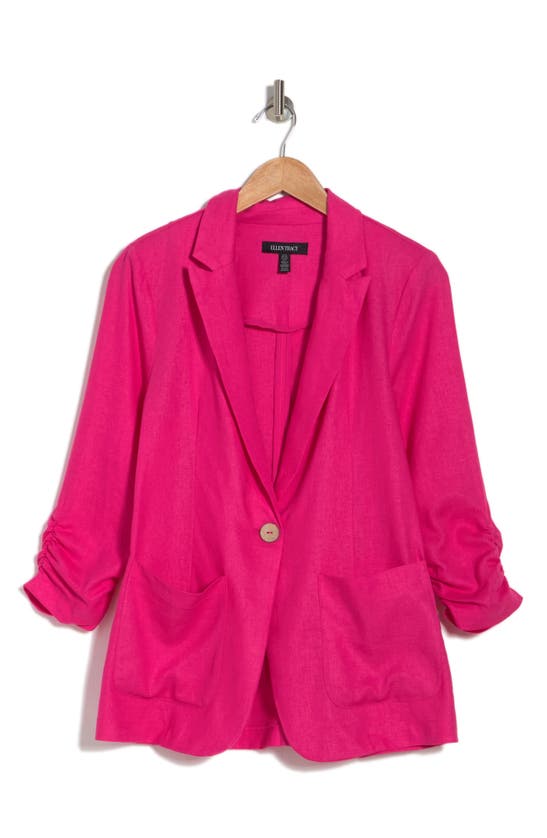 Ellen Tracy Striped Shirred Sleeve Blazer In Fuchsia