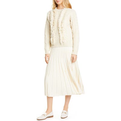 Tory Burch Cable Fringe Wool Sweater, Ivory