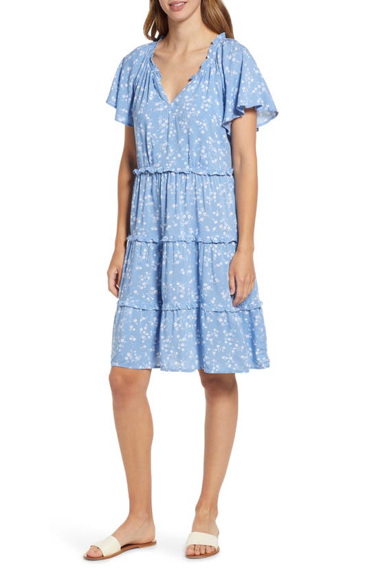 Shop Beachlunchlounge Camila Floral Flutter Sleeve Dress In Dreamy Blue