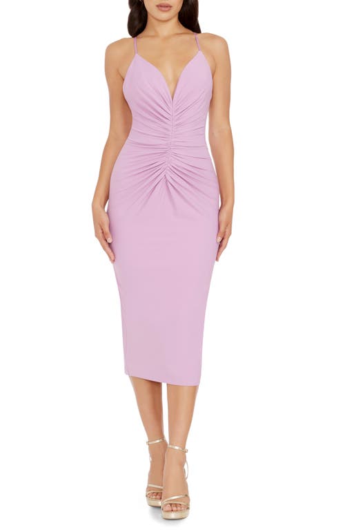 Viv Ruched Sleeveless Midi Dress in Lavender