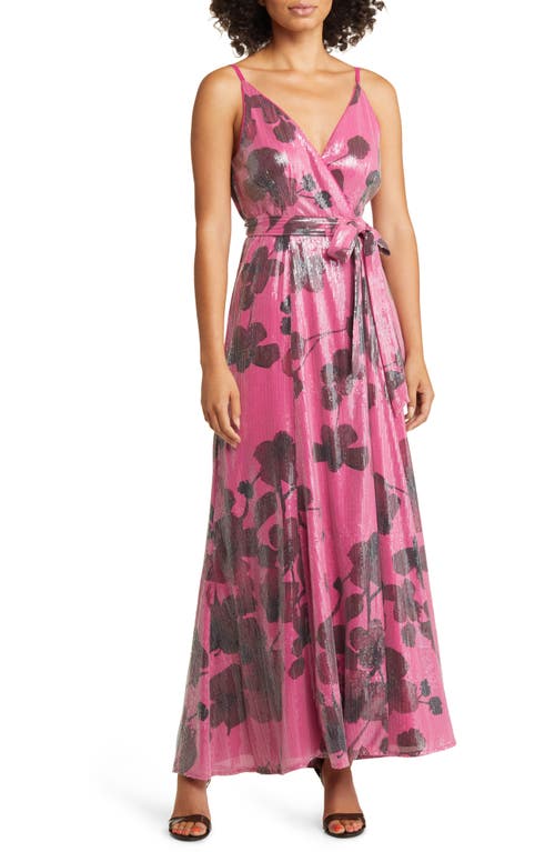 Glow Sequin Tie Waist Gown in Lilac Watercolor Floral