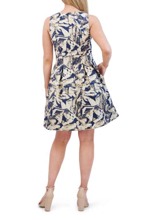 Vince Camuto Metallic Abstract Print Jacquard Fit & Flare Dress In Navy