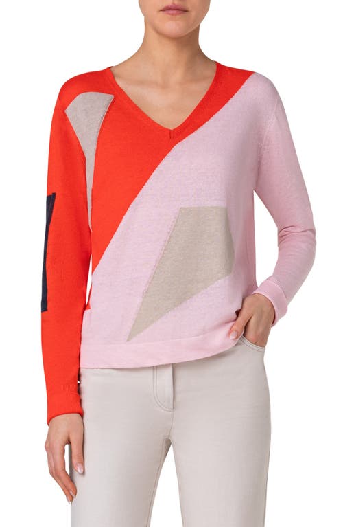 Akris Spectra Linen & Cotton Intarsia V-neck Sweater In Poppy-multicolor