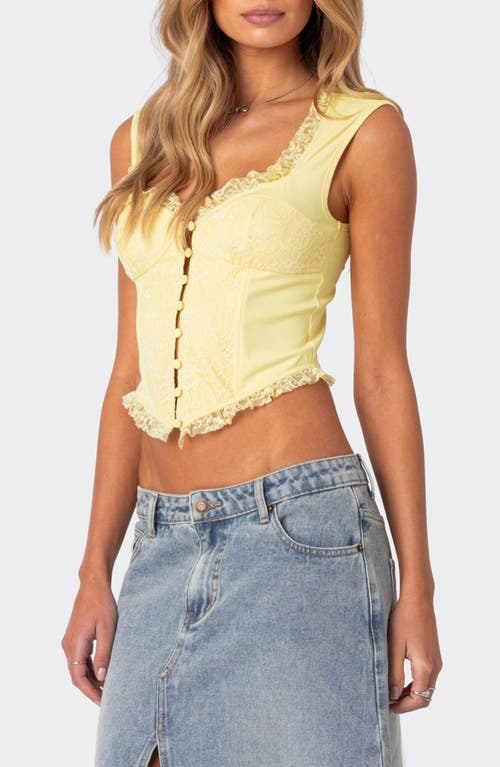 EDIKTED Lace Panel Corset Crop Top Yellow at Nordstrom,