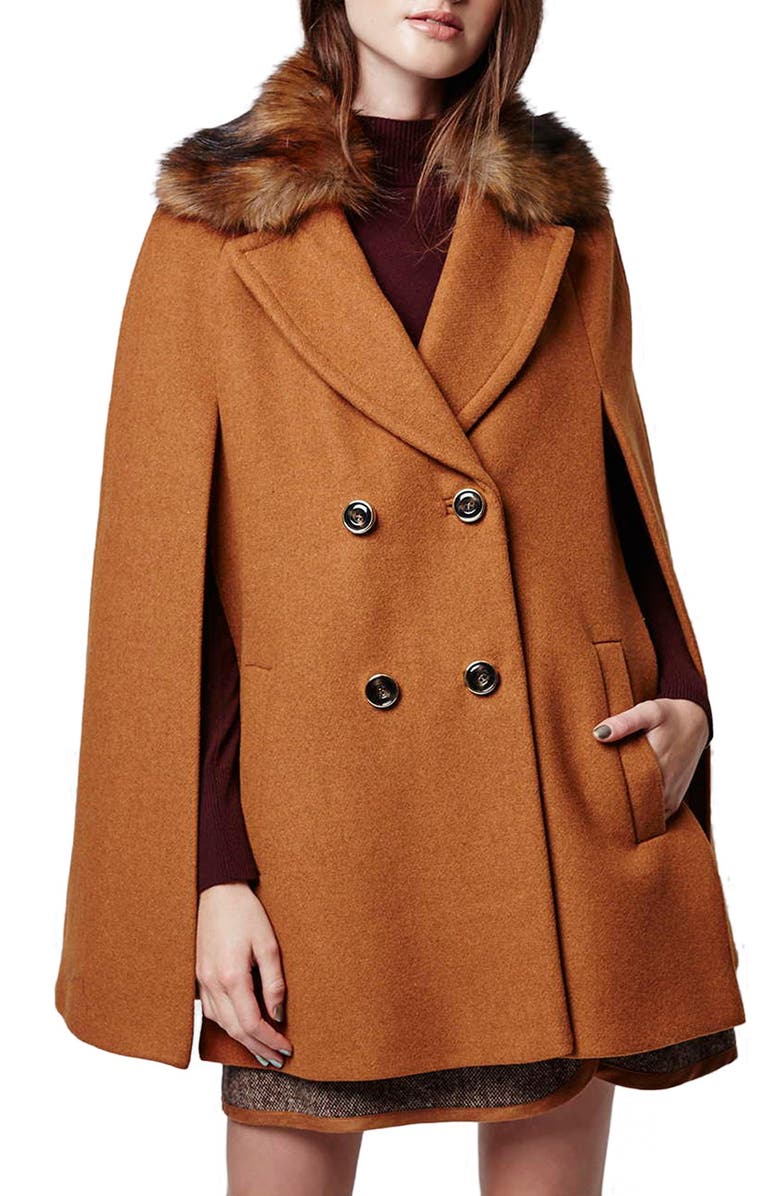 TOPSHOP Faux Fur Double Breasted Cape, Main, color, BROWN MULTI
