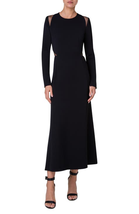 Cutout Detail Long Sleeve Stretch Silk Crepe Midi Dress