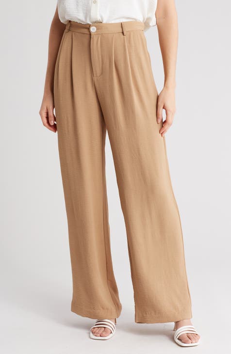 Beige high waisted flat-front stretch Wide leg Pants