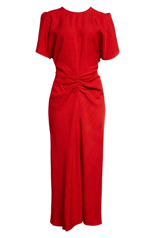 Shop Victoria Beckham Tulip Sleeve Gathered Waist Dress In Carmine