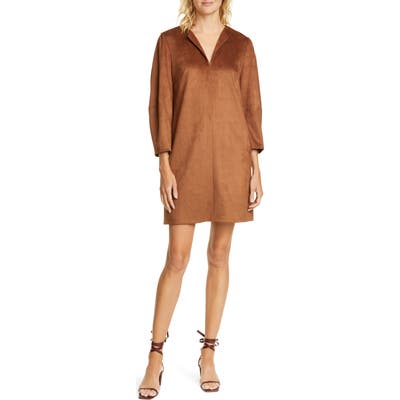 Tibi Split Neck Shift Minidress, Brown