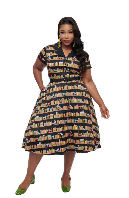 Unique Vintage Plus Size Collared Short Sleeved Belted Alexis Swing Dress In Black Bookshelf Print