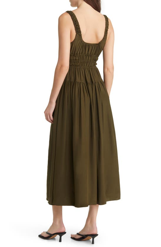 La Ligne Shirred Silk Midi Dress In Dark Olive