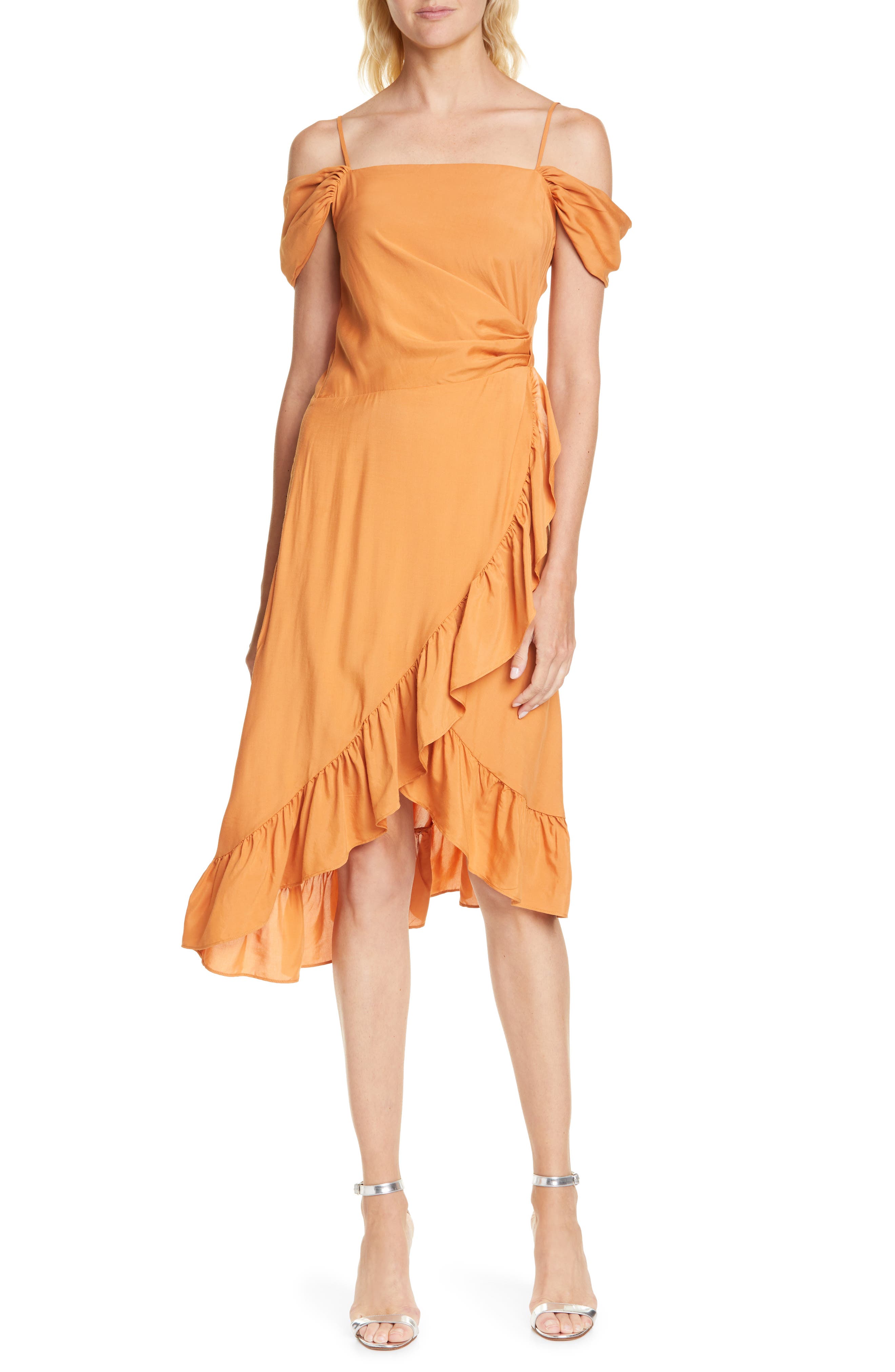 Maje Routila Cold Shoulder Asymmetrical Dress, Orange