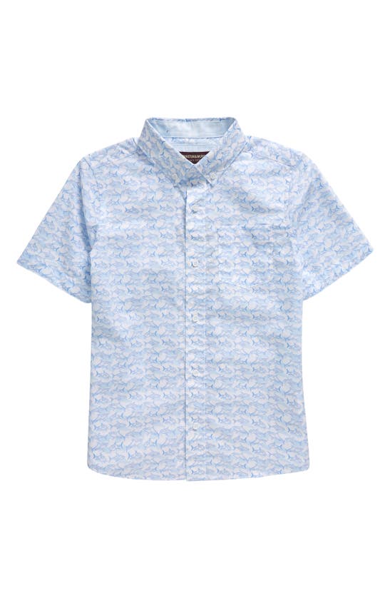 Shop Johnston & Murphy Kids' Shadow Shark Short Sleeve Cotton Button-down Shirt In White/ Blue
